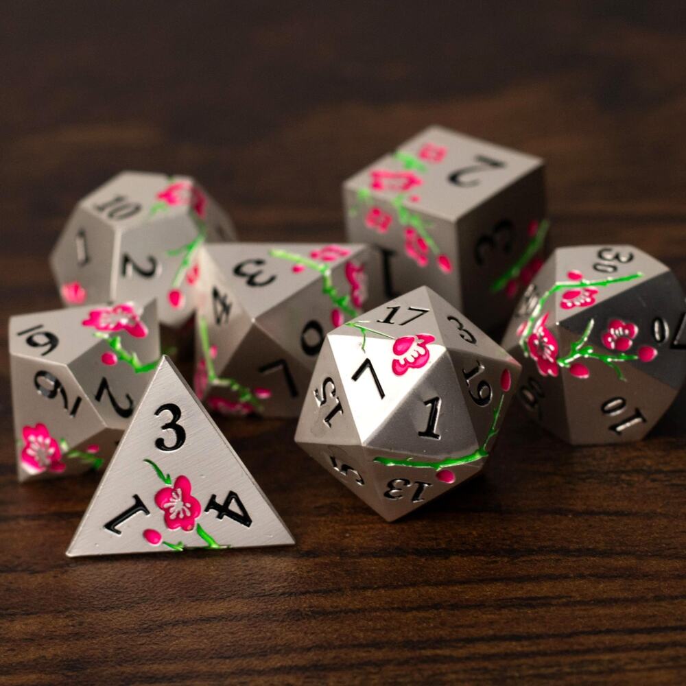 Metal Pink Blossom Dice Glow in the Dark Luminous Set of 7 D4 to D20 D&D TTRPG